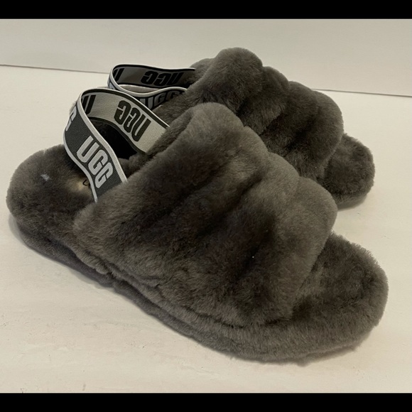 UGG Fluff Yeah Fur Slides Grey Slippers 7 - Picture 4 of 10